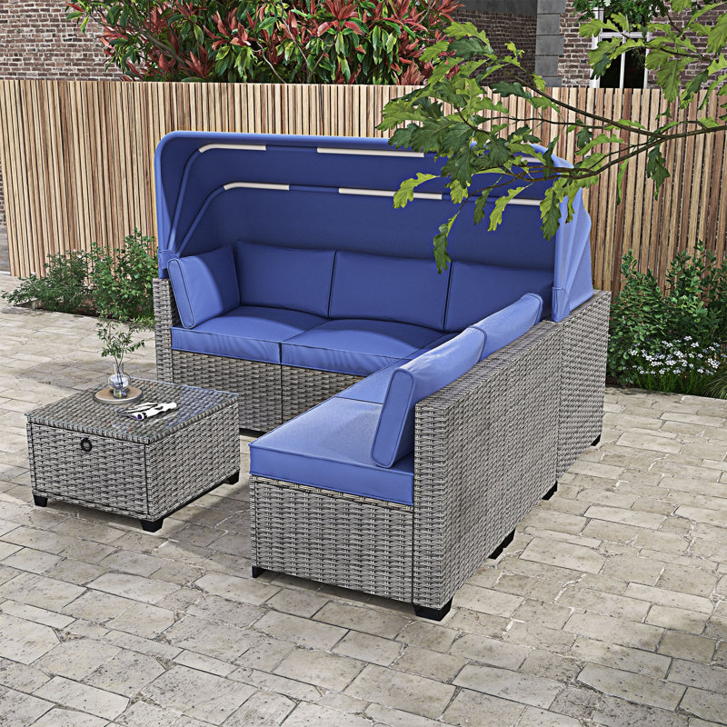 6 Pieces Outdoor Sectional Sofa Set with Adjustable Backrest, Antique Blue