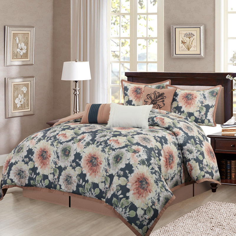 Morgana 7 Piece Floral Comforter Set, Cal. King Comforter + 6 Additional Pieces 