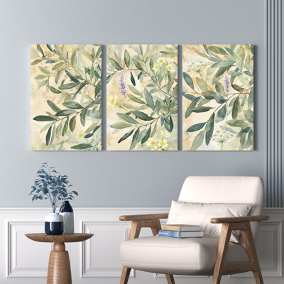 Botanique feuille et fleur aquarelle sur toile tendue ensemble de 3 pour le salon, la chambre à coucher ou la cuisine