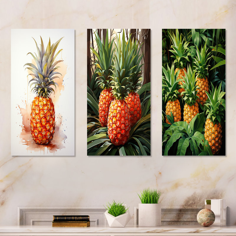 Golden Pineapple Paradise I - Pineapples Metal Wall Art Prints Set Of 3, 28" H x 36" W