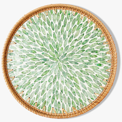 13.8" Round Rattan Tray With Green Leaf Inlay