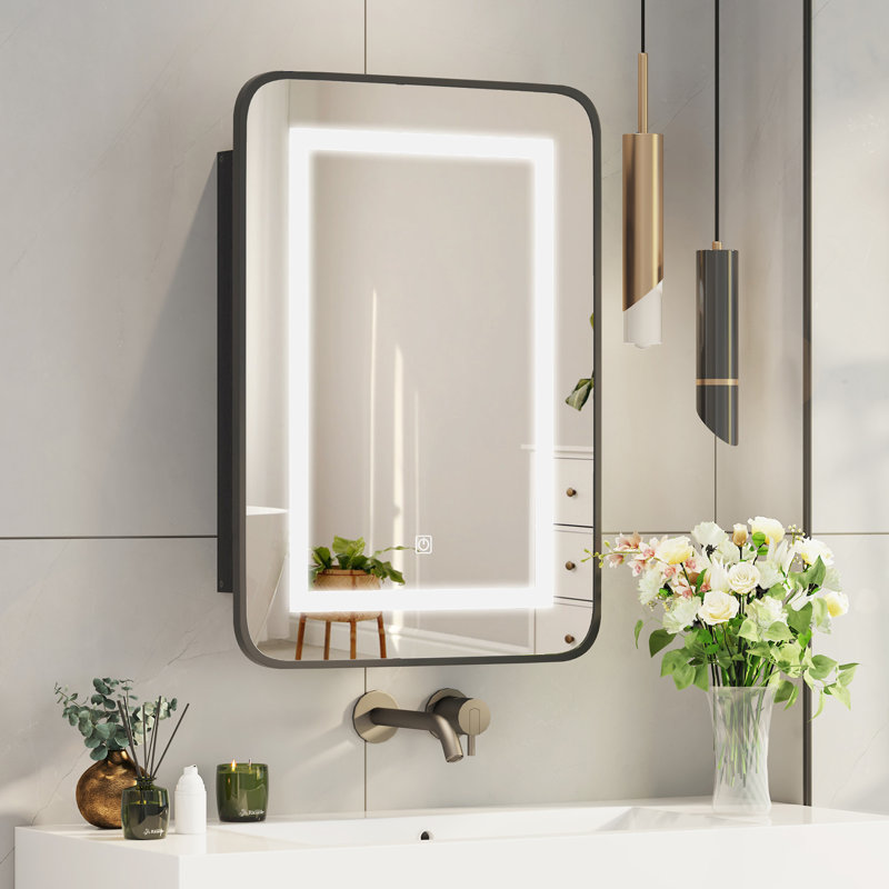 Ayyat Rectangle LED Mirror Cabinet with 3 Shelves, Wall Mounted Bathroom Storage, 60cm H x 40cm W x 11.5cm D