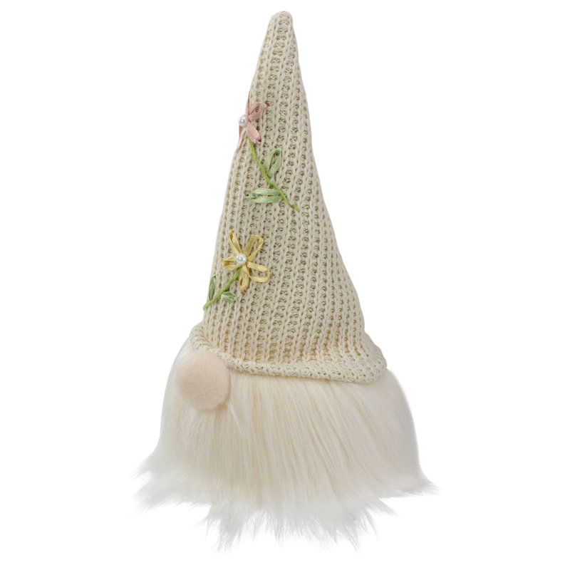 Tête de gnome assise crème 10 po avec chapeau tricoté