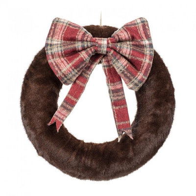 Large Cozy Fur Wreath With Plaid Bow