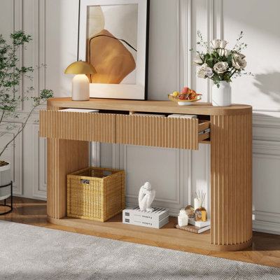Console ovale cannelée avec 2 tiroirs et tablette inférieure, table d'entrée en bois avec glissières en métal lisse pour le salon