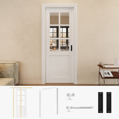 32" x 80" 6-Lite Clear Glass Sliding Closet Pocket Door with Black Hardware & White Pocket Door Frame / Handle