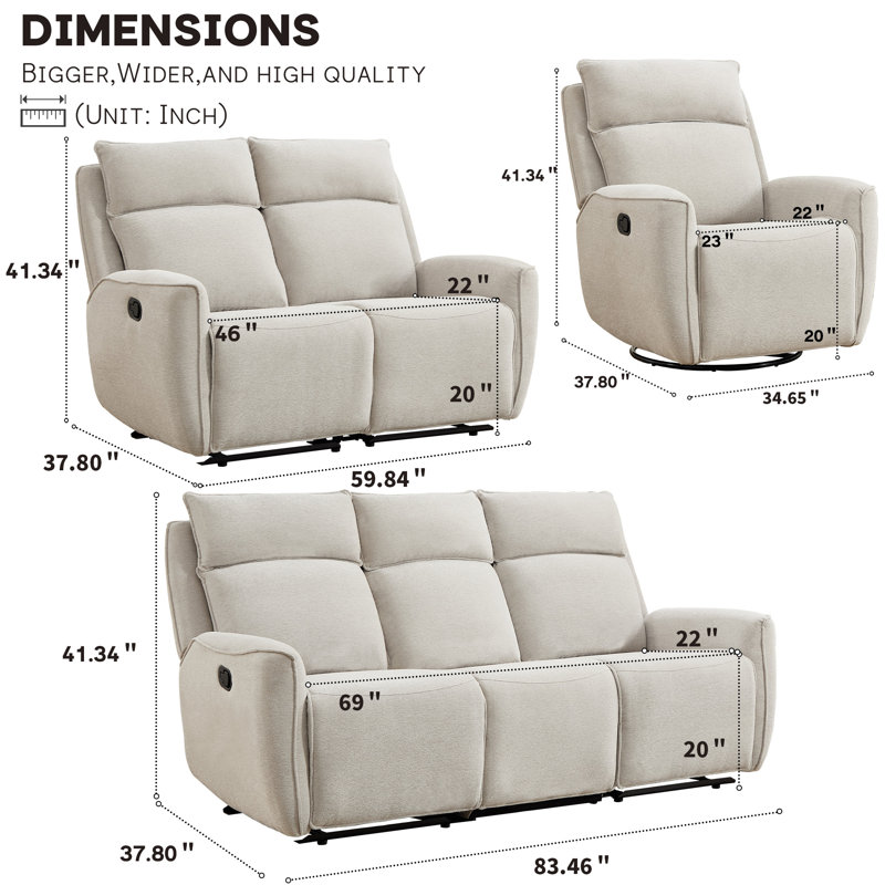 Ensemble de salon inclinable manuel 3 pièces en chenille moderne, Beige