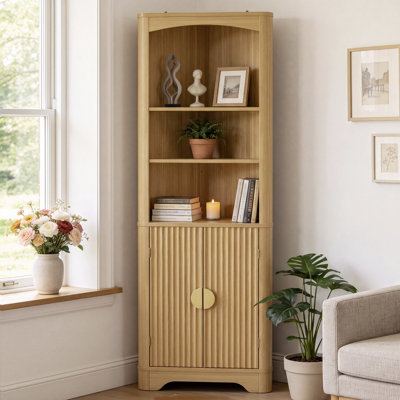 Farmhouse Fluted Tall Corner Cabinet with Open Display Shelves, 15.75"W x 68.9"H