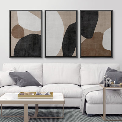 " Mid Century Modern Geometric Block Abstract Shape Illustration Modern Decor Multicolor Relax Calm " 3 - Pieces on Canvas