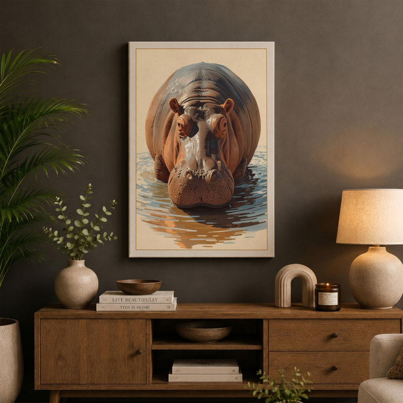 Hippopotamus Rising Modern - Wrapped Canvas, 30x20 - 76.2 x 50.8 cm, Taupe Border