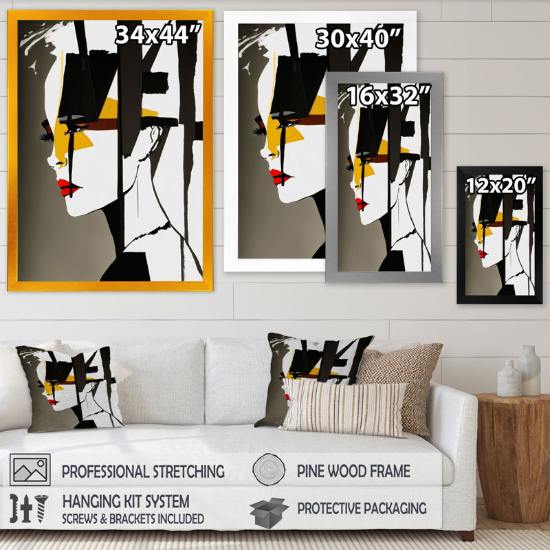 Street art profil en jaune et noir sur toile, H 32 po x l 16 po x P 1 po, Cadre photo noir