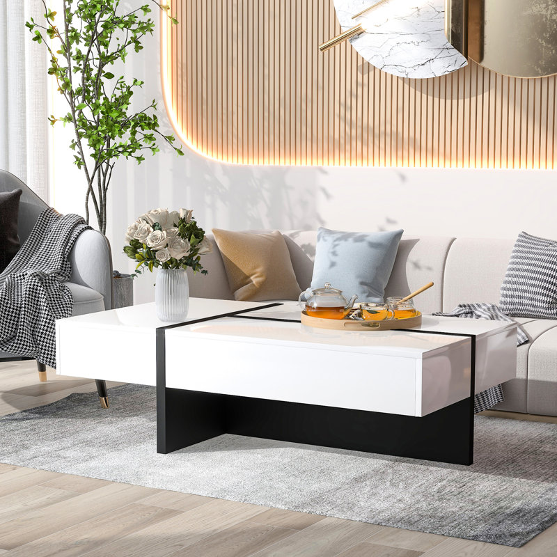 Table de salon moderne ultrabrillante avec tiroir pour l'organisation de la table basse de la pièce, 45,2 po de longueur, base blanche et stable