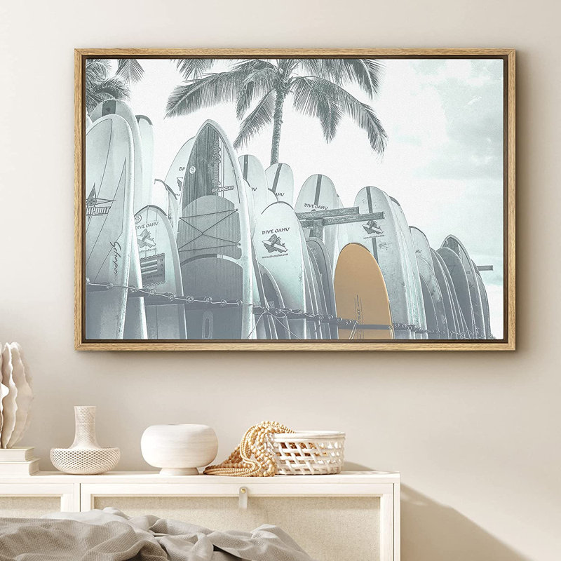 «Washed Out Green», planche de surf, palmiers tropicaux, art mural sur toile, H 24 po x l 36 po x P 1,5 po
