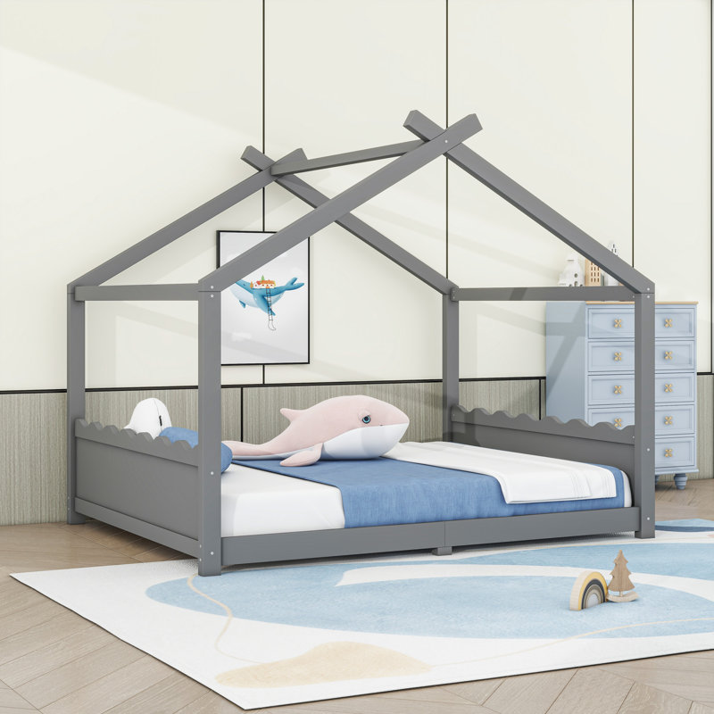 Montessori House Floor Bed with Center Support Legs, Low‑Profile Safe Design, Gray, Twin