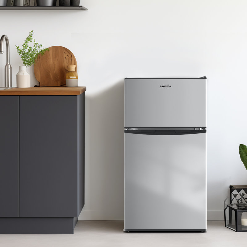  BANGSON 3.2 Cu.Ft Mini Fridge with Freezer, 2 Door Compact Refrigerator with Adjustable Temp & Low Noise for Apartment, Dorm, Office, Silver