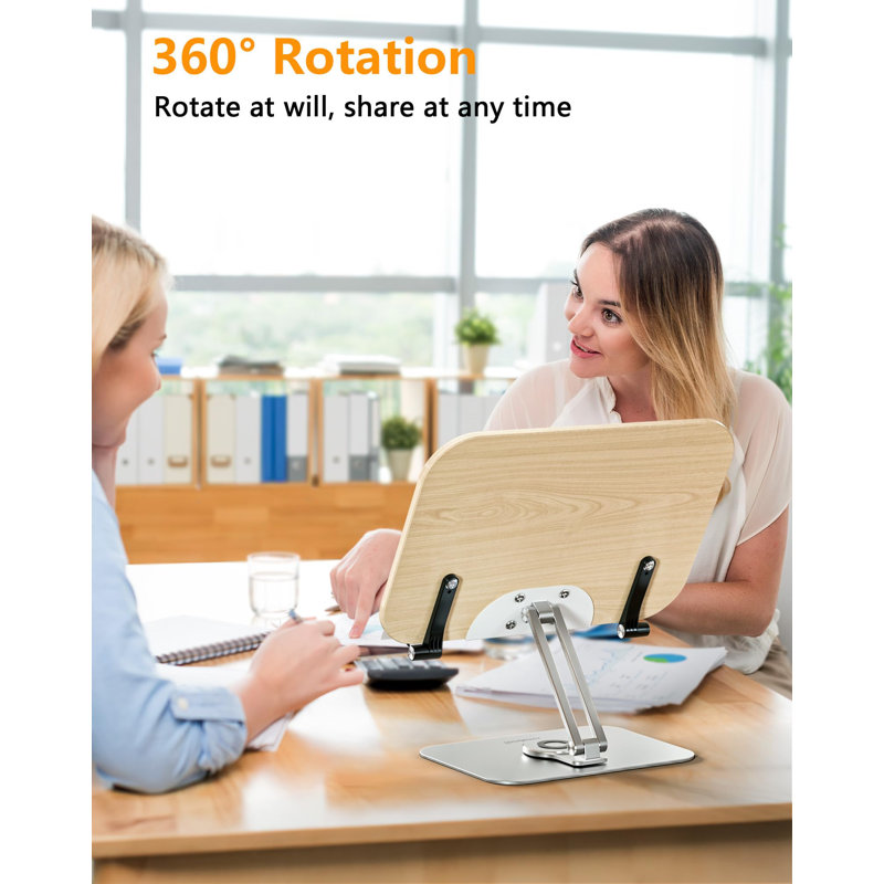 Book Stand For Reading, Adjustable Holder With 360° Rotating Base & Page Clips, Foldable Desktop Ricer For Cookbook,Sheet Music,Laptop,Recipe,Textbook,Hands Free,Wood,Aluminium