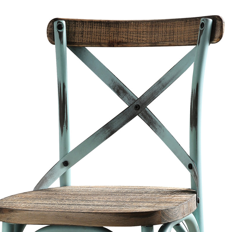Tabouret de bar de style rétro en chêne antique - base à quatre pieds, dossier croisé en métal, sensation chaleureuse et invitante, hauteur du dossier de 43,5 po, couleurs du ciel, assise confortable, largeur de 18,5 po