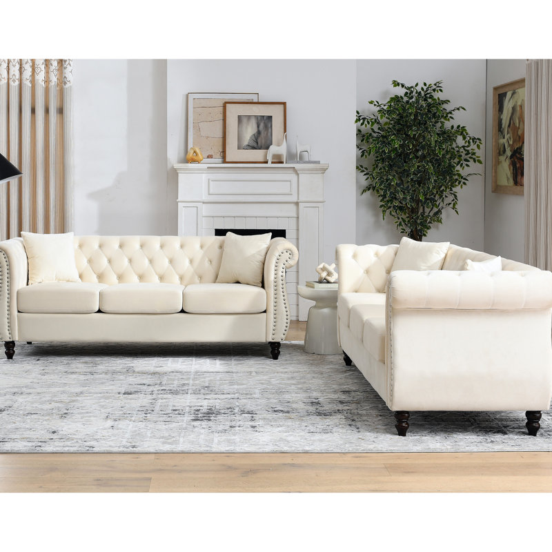 Canapé en velours beige 3 + - Conception classique et dossier doux, Beige