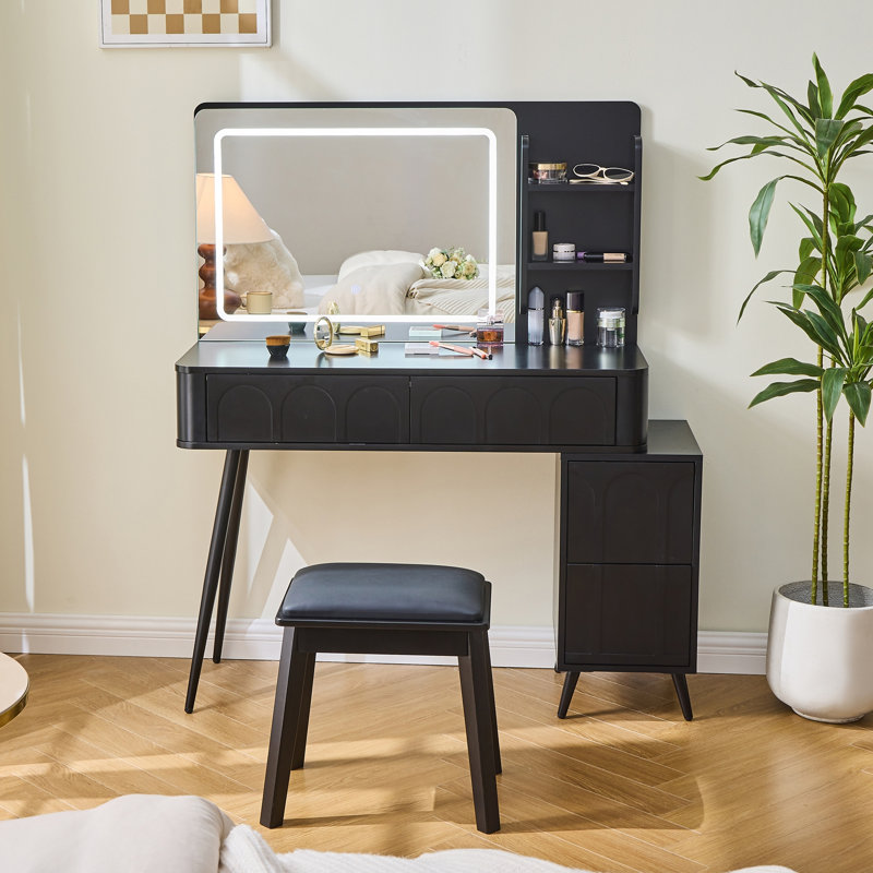 Modern Makeup Vanity Desk with LED Lights & Mirror, 4 Drawer Dressing Table Set with Stool, 3 Colors Dimmable Brightness, Space-Saving for Bedroom