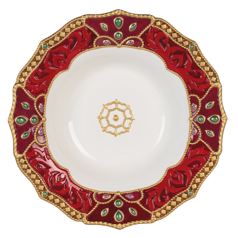 Opulent Red and Gold Ceramic Christmas Serving Bowl, 13 Inches