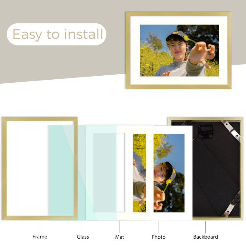 Drennon Metal Picture Frame, Aluminum Photo Frames for Table Top and Wall Mounting, 5" x 7" Matted to 4" x 6", Gold
