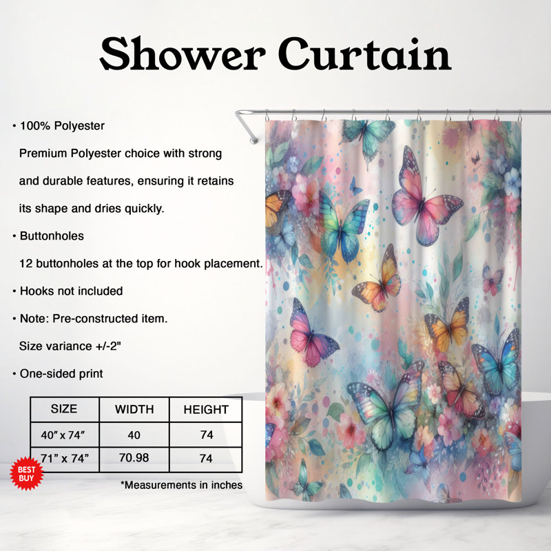 Splashed Butterflies - Rideau de douche standard 1 pièce, H 74 po x l 71 po