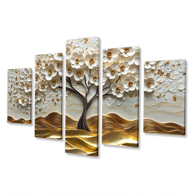 Ensemble de salon art mural blanc Folk Art Basswood Gold Tree