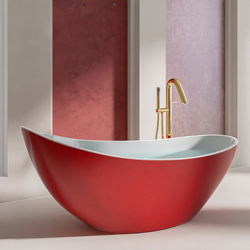 62.99'' x 31.5'' Freestanding Soaking Acrylic Bathtub, White/Red