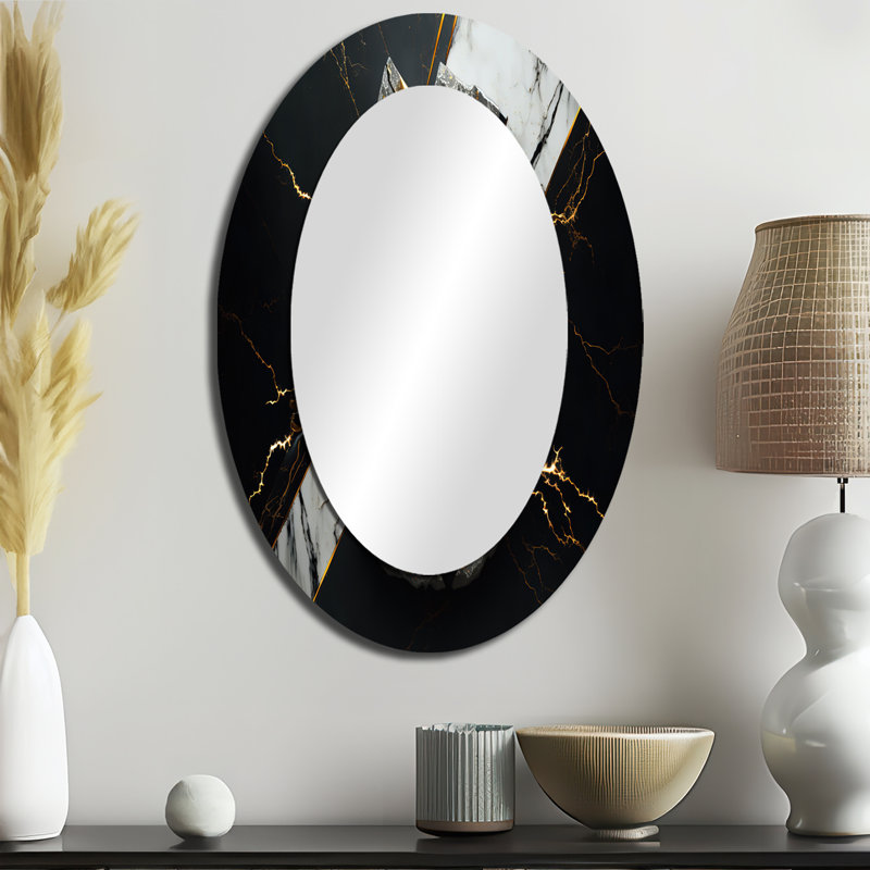 Abstrait Geode Black III - Miroir mural ovale moderne noir, 36 po x 24 po