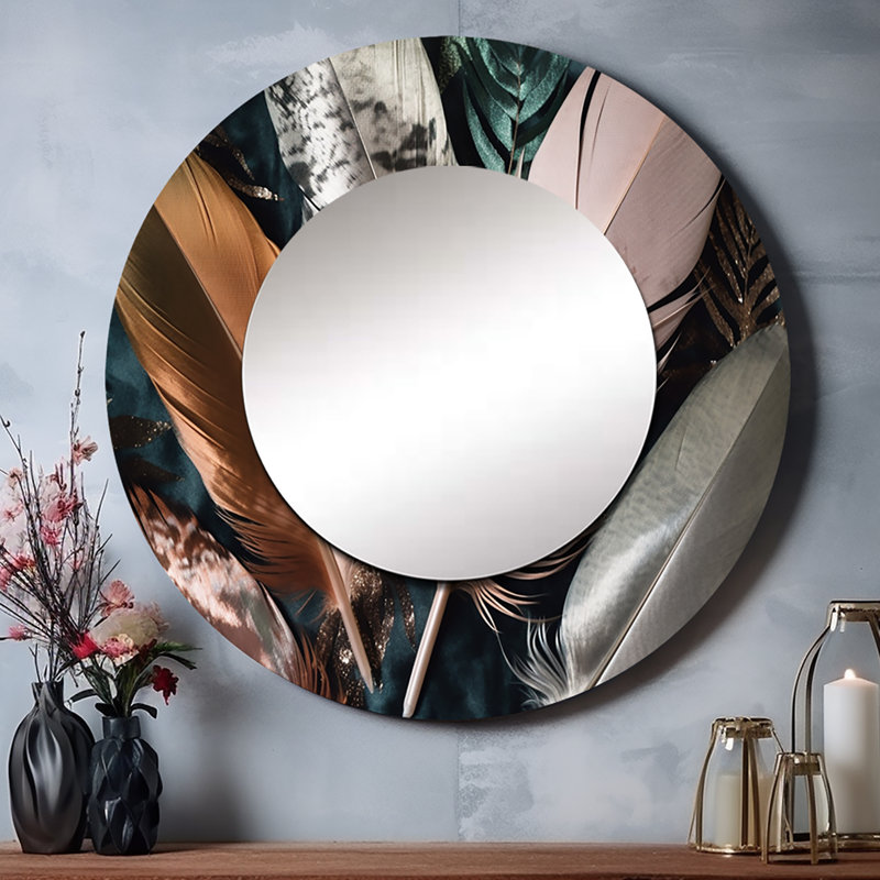 Periana rose plume Boho Majesty II - miroir de plumes glam, miroir mural rond rose, impression sur métal, 29 po x 29 po