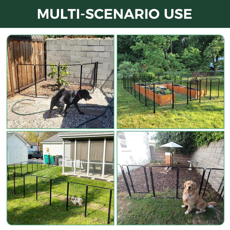 Clôture de jardin d'extérieur pour la cour de change - H 24 po x L 7,6 pi (L) barrière en métal robuste pour chien, clôture pour chien sans creusage, 4 panneaux, noir