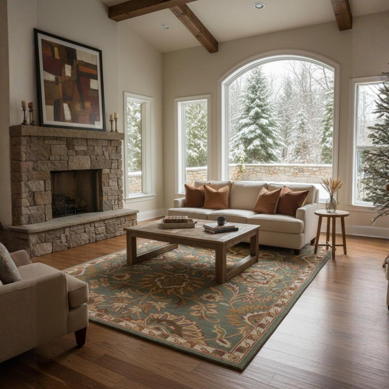 Bartz Authentic Hand-Tufted Handmade Slate Blue, Rust Red & Golden Tan Floral Palmette Wool Area Rug, Rectangle 9'x13'