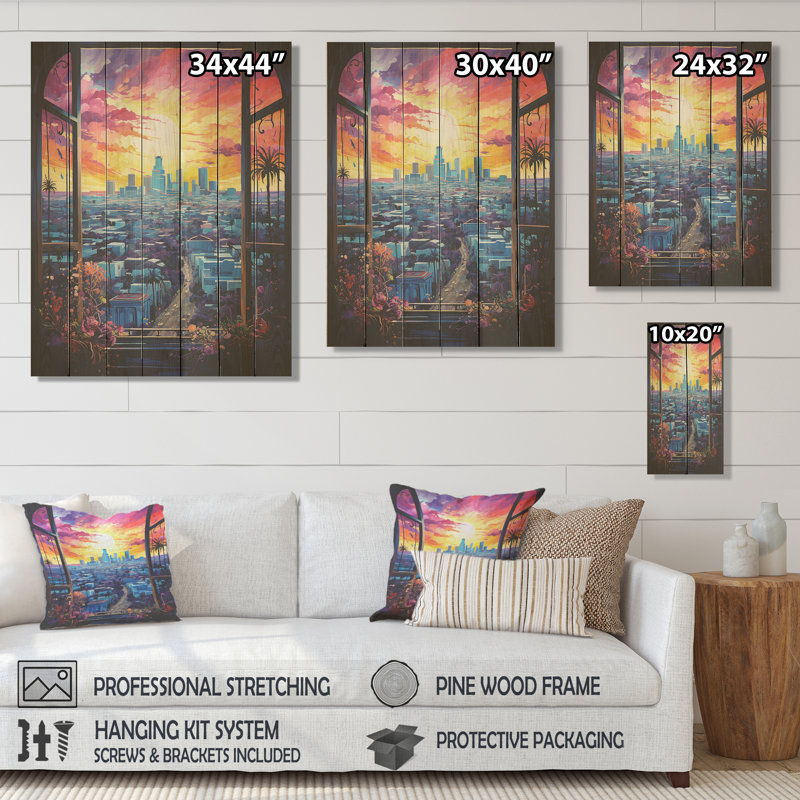 Los Angeles Window View II - fenêtre florale sur bois, H 44 po x l 34 po
