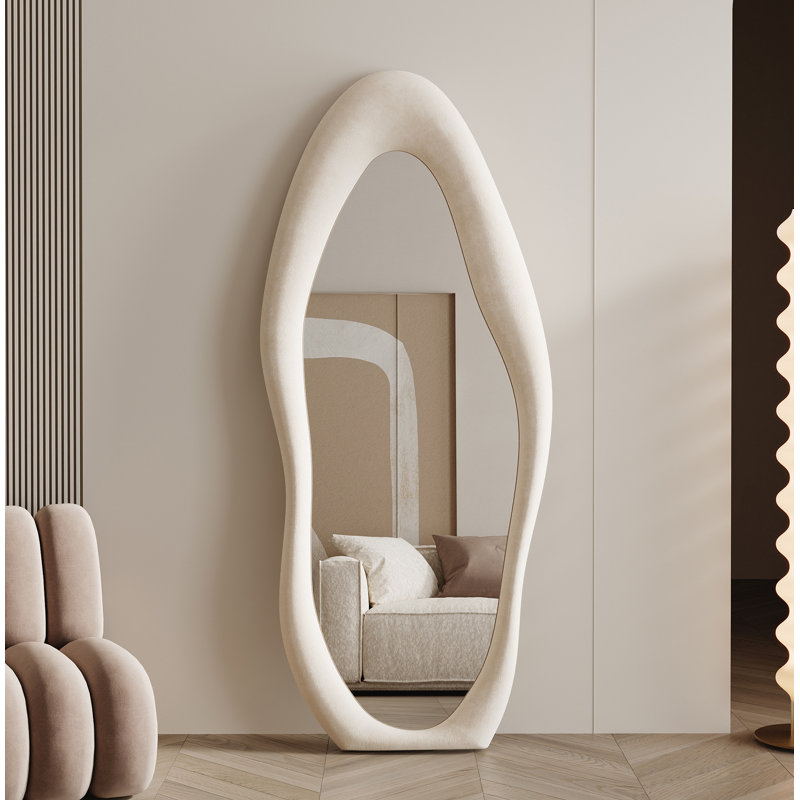 Full Length Mirror 63"X24", Irregular Wavy Mirror, Arched Floor Mirror, Wall Mirror Standing Hanging Or Leaning Against Wall For Bedroom, Flannel Wrapped Wooden Frame Mirror