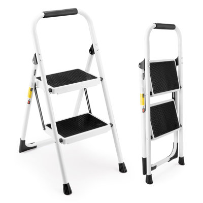 Échelle 2 marches, escabeau pliant avec pédale large et antidérapante, escabeau léger avec mains courantes, portable pour la cuisine, la maison, 330 lb, blanc