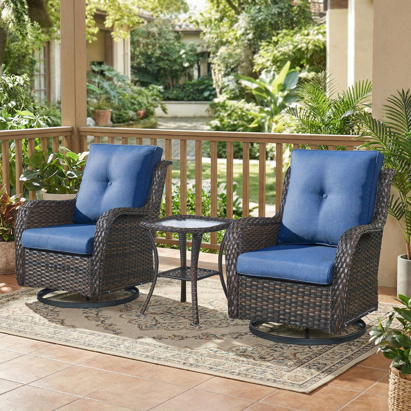 Chaises berçantes pivotantes pour l'extérieur, ensemble de patio en osier 3 pièces avec coussins épaissis, dossier haut, sièges profonds, accoudoirs larges, chaises pivotantes d'extérieur pour porche, terrasse