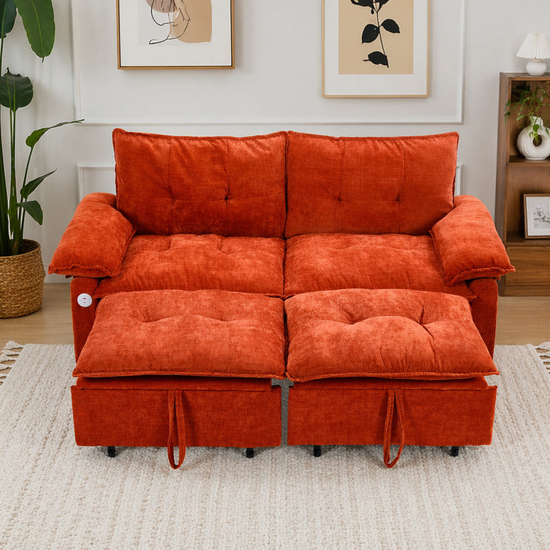 Canapé-lit coulissant en velours avec matelas caché, conception peu encombrante, Velours orange