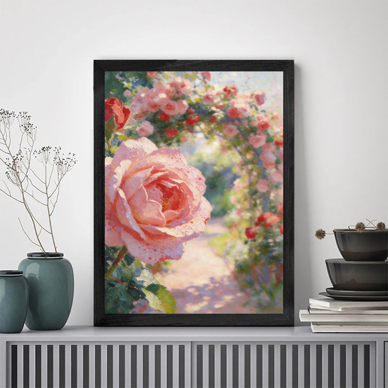 «Black» encadrée porte rétro envahie de roses menant au jardin, impression sur toile impressionniste, H 37 po x l 25 po