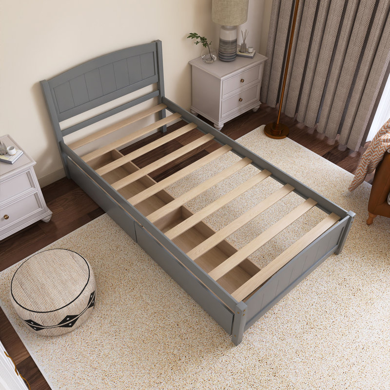 Lit plateforme simple en bois avec 2 tiroirs, Gris