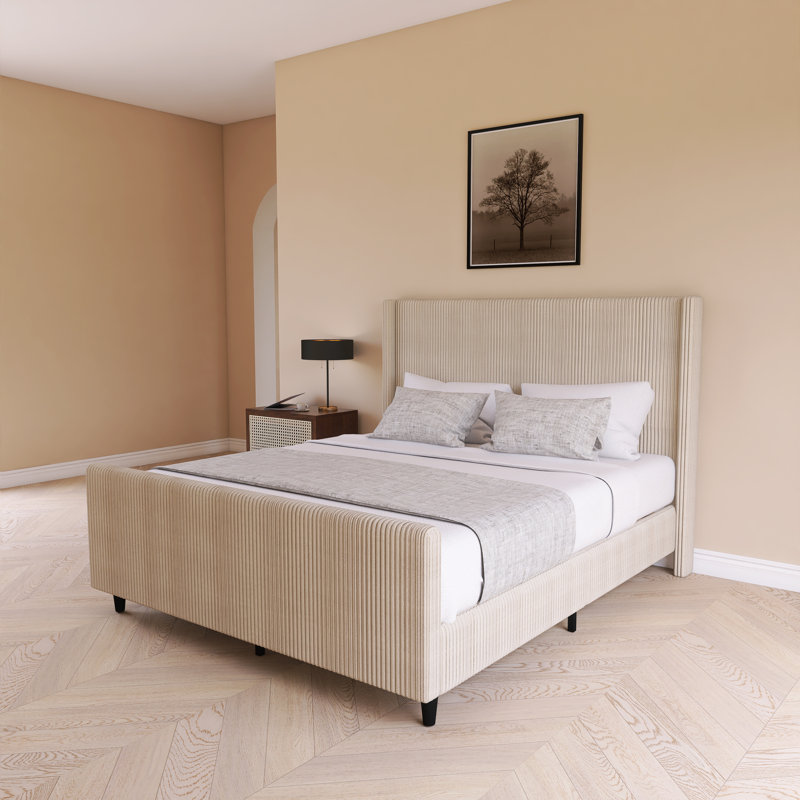 Lit tapissier haut en velours côtelé, Crème, crème, Grand