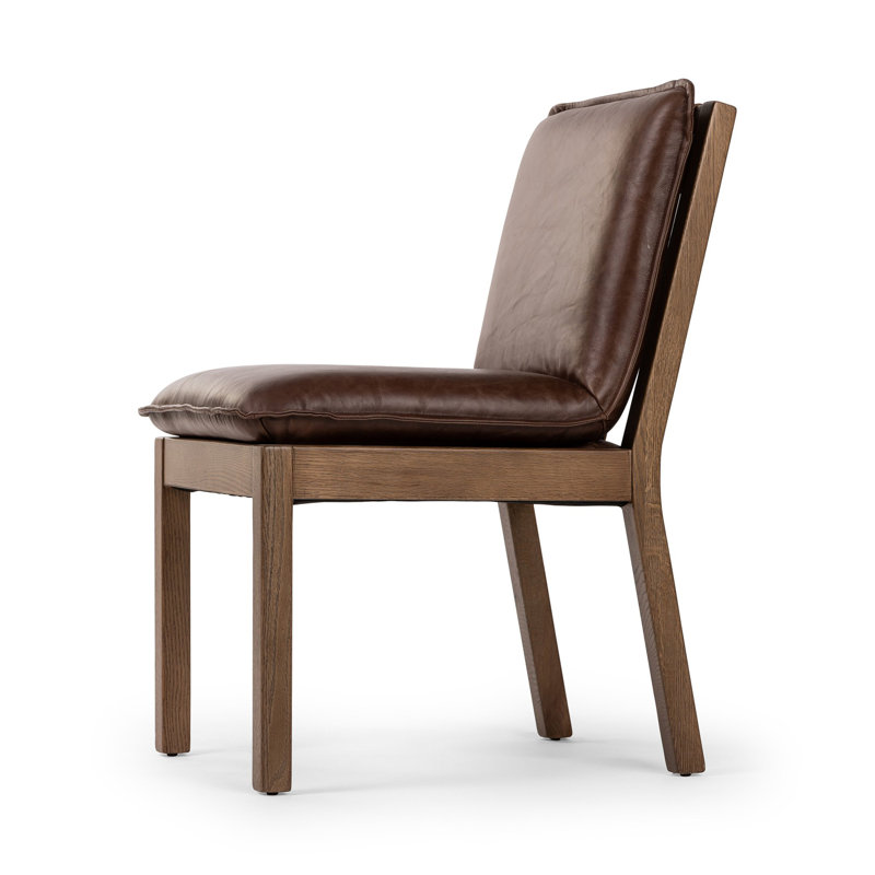 Wautoma Linen Upholstered Dining Chair in Beige, Brown Genuine Leather