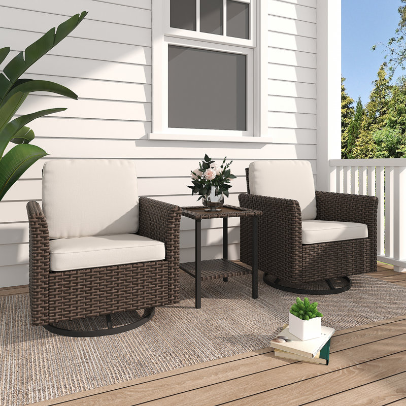 Ensemble de meubles d'extérieur en rotin, 2 chaises pivotantes avec coussins résistants aux intempéries et 1 table basse pour balcon de jardin