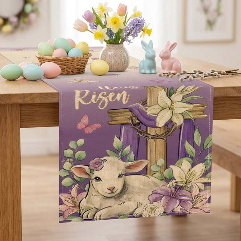 Easter Table Runner Cross Lamb Lily Butterfly Eucalyptus Spring Religious Decor for Dining Kitchen Indoor Outdoor