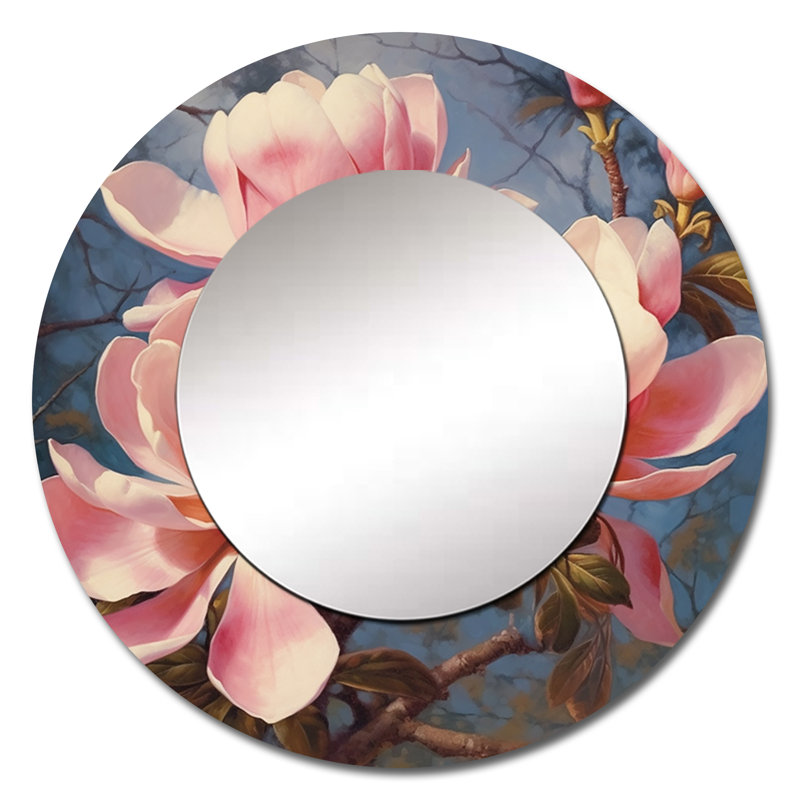 «Magnolias Elegance Landscape» - miroir floral rose, miroir mural rond rose unique, impression d'art en métal, 29 po x 29 po