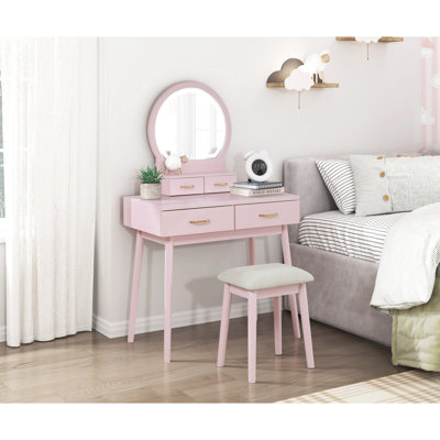 Pink Vanity With Mirror, Stool And Bedroom Drawer Storage Dazzling Dresser Mirror - Essential