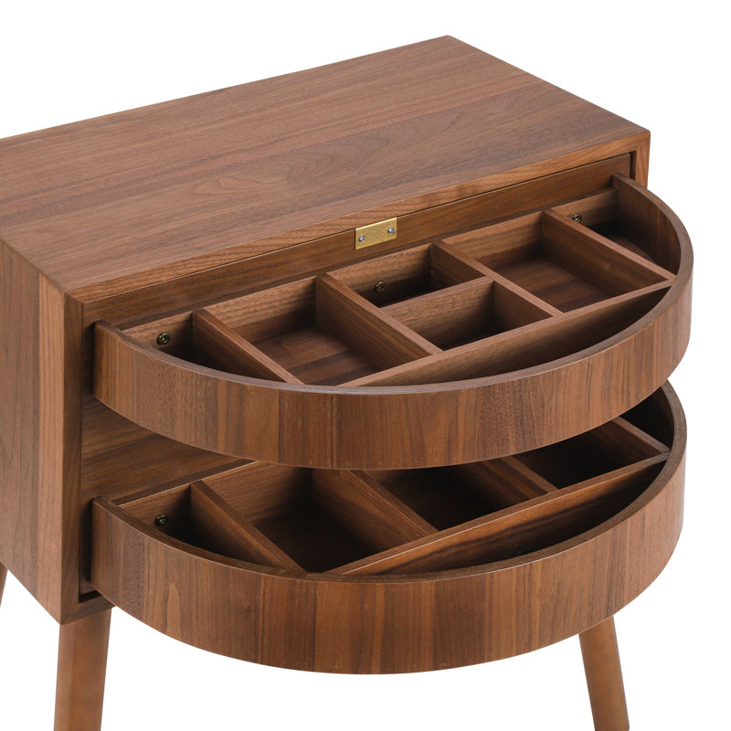 Furnary Mid-Century Modern Wood Nightstand With Hidden Compartments And Rattan Detailing, Walnut, Set of 2