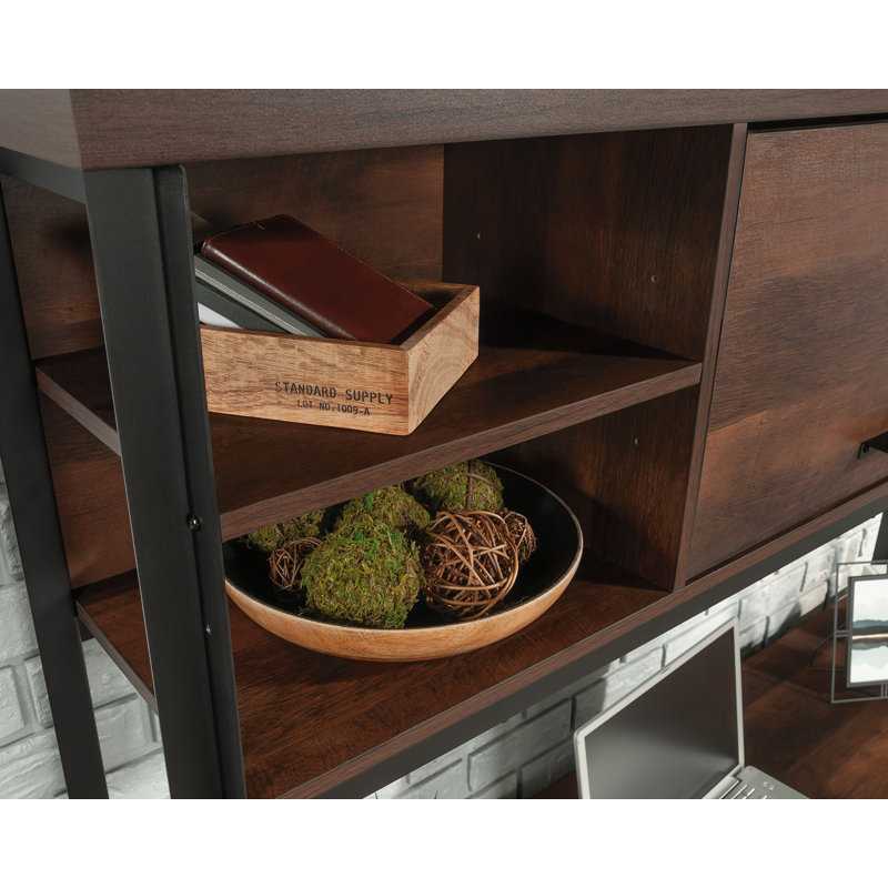 Barrel Oak and Black Metal Computer Desk Hutch with Shelves