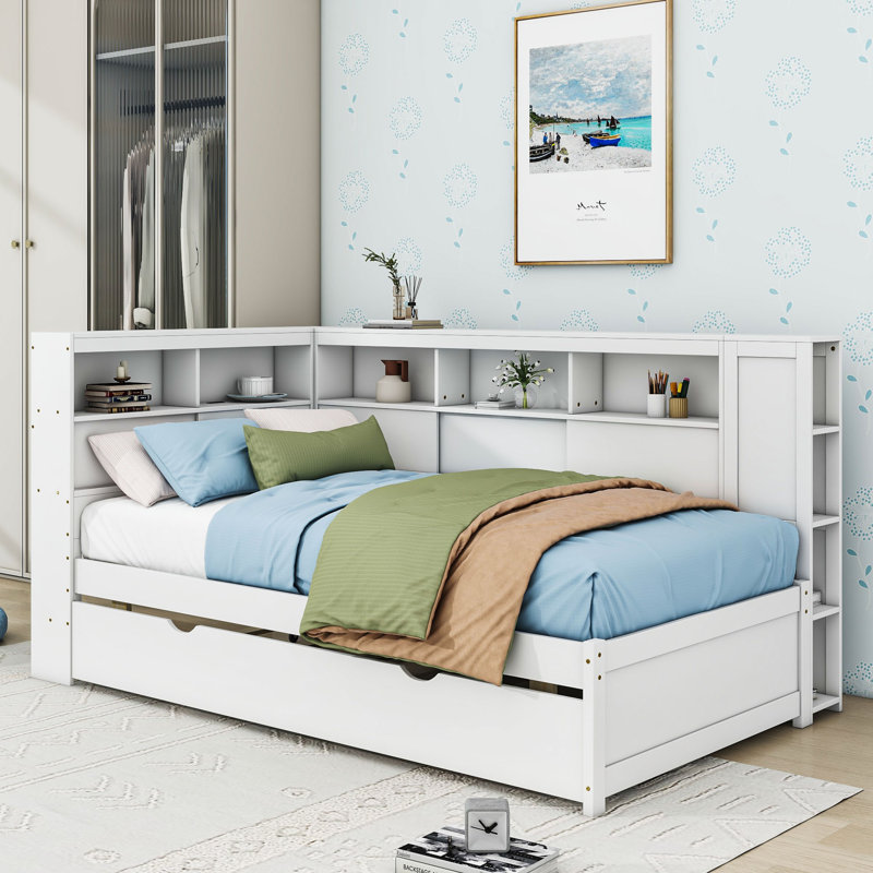 Twin Wooden Daybed with Twin Trundle, Built-In Storage Shelves, USB and Socket, Natural