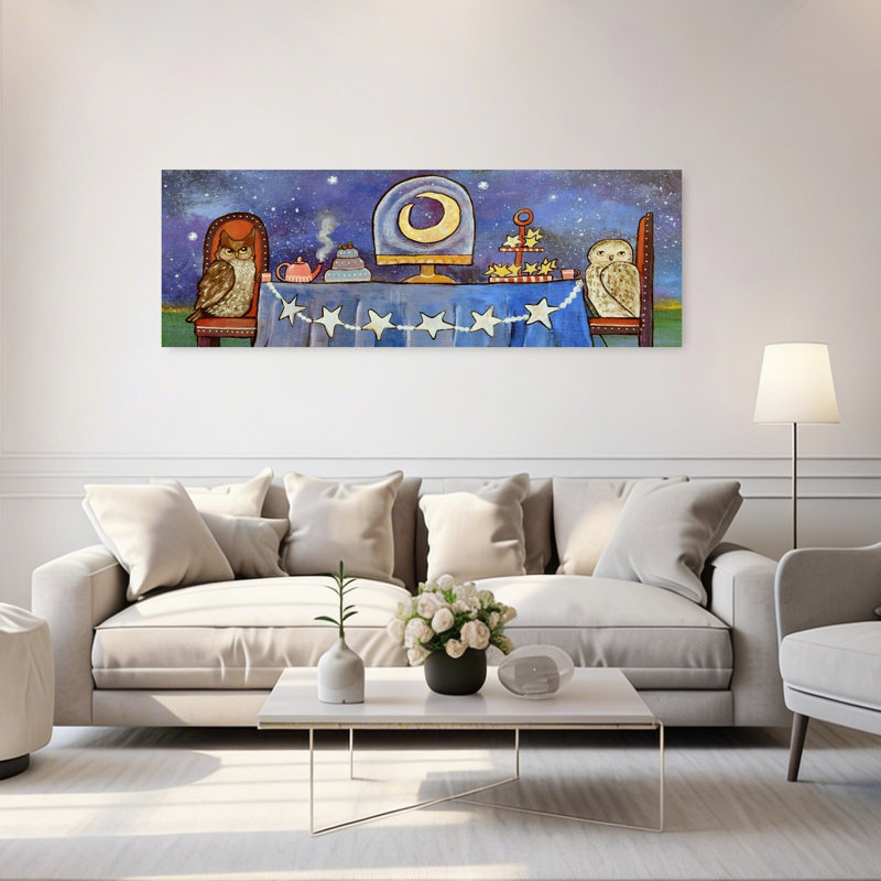 Art mural abstrait contemporain Owls 'Celestial Tea Party, H 20 po x l 60 po