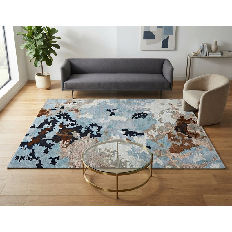 Tapis bleu / multicolore en laine et viscose à motif abstrait Jamerius, Rectangle 7 pi 6 po x 9 pi 6 po